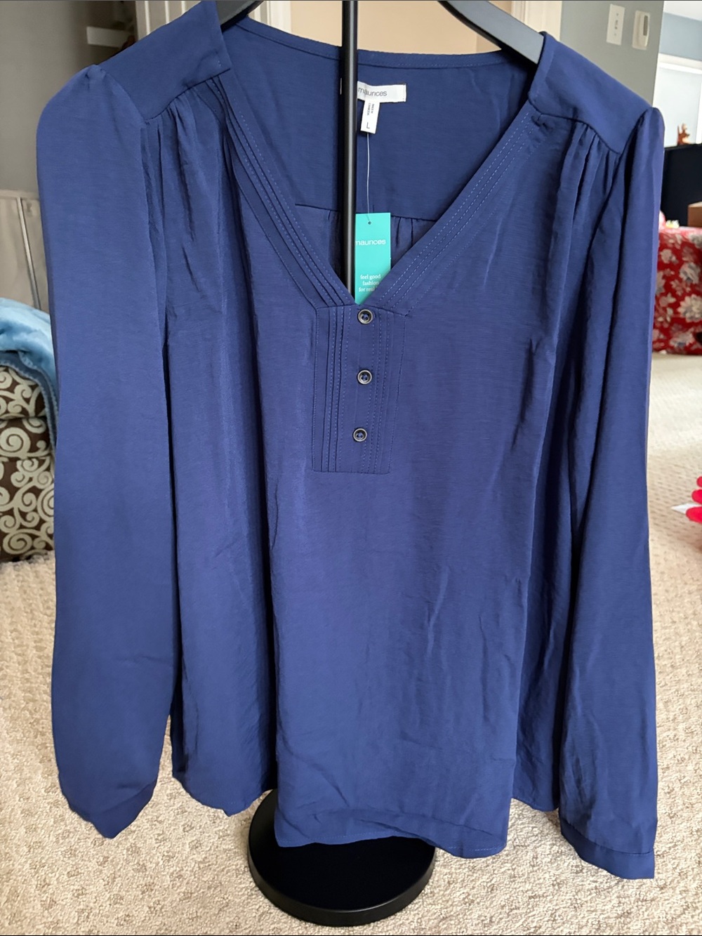 Maurices Navy Blue V-Neck Henley Long Sleeve Blouse